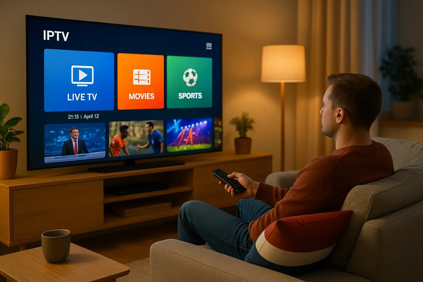 Man bekijkt IPTV Smarters Player interface op een smart TV met live tv, films en sportopties