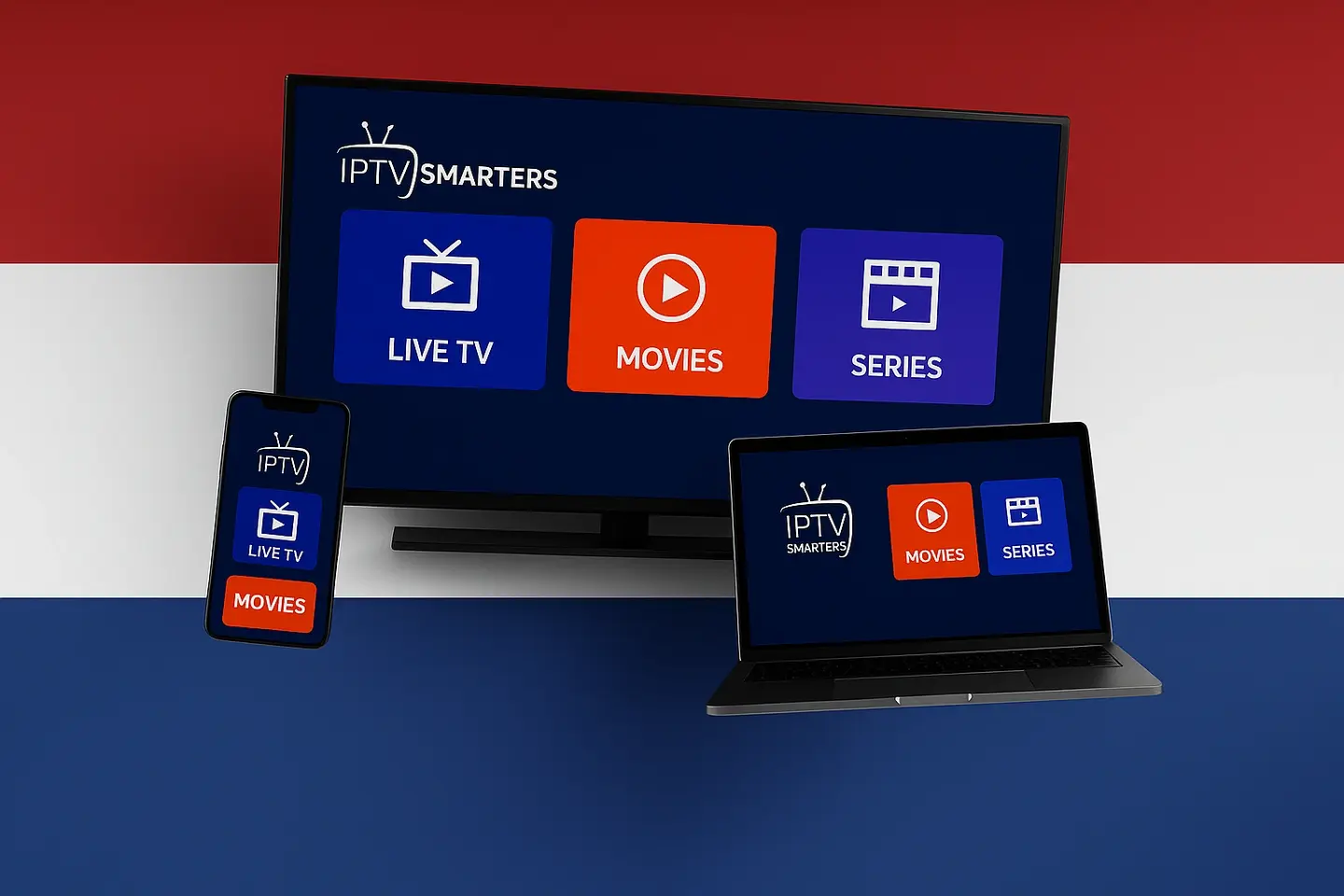 IPTV Smarters interface weergegeven op tv, laptop en smartphone met Nederlandse vlag op de achtergrond
