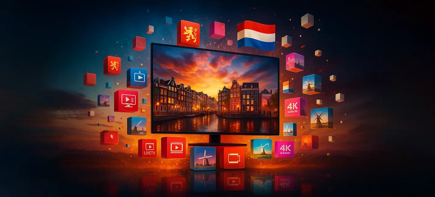 Magisch streamingbeeld met IPTV Smarters op tv-scherm en Amsterdamse grachten, omringd door 4K media-iconen en Nederlandse vlag