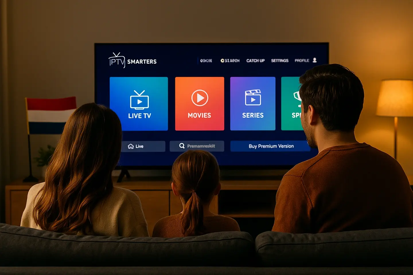 Nederlandse familie bekijkt IPTV Smarters Player Lite op Smart TV met overzichtelijk dashboard